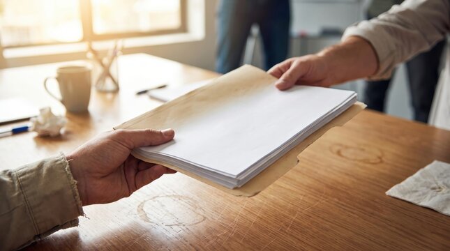 cross functional agile team concept. Person handing over a stack of papers across a wooden table in an office.