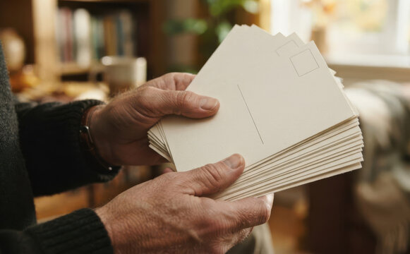 Elderly man holding a stack of blank vintage postcards in a cozy living room, nostalgia concept