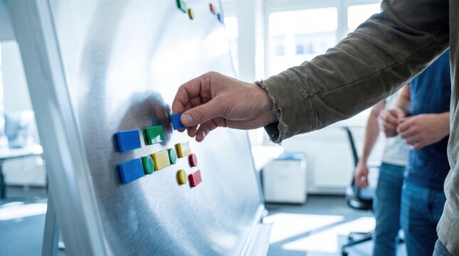 cross functional agile team concept. Person arranging colorful magnets on whiteboard in bright office space