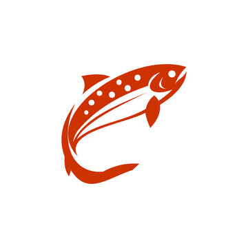 A clean, minimalist vector graphic and logo design of a jumping trout or salmon fish, rendered in vibrant orange against a plain white background.