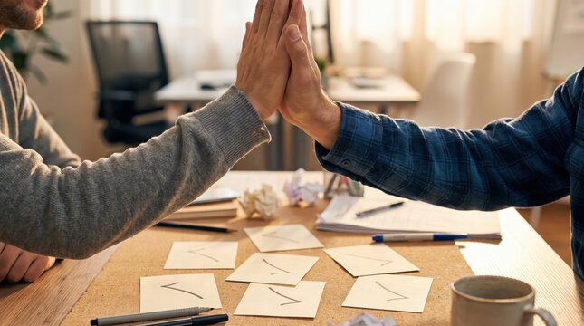 cross functional agile team concept. Two people in a meeting giving each other a high five over a desk with papers.