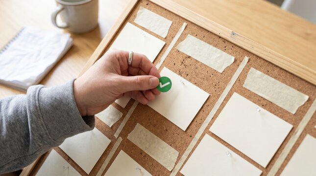 cross functional agile team concept. Hand placing green checkmark sticker on corkboard with blank labels and notes