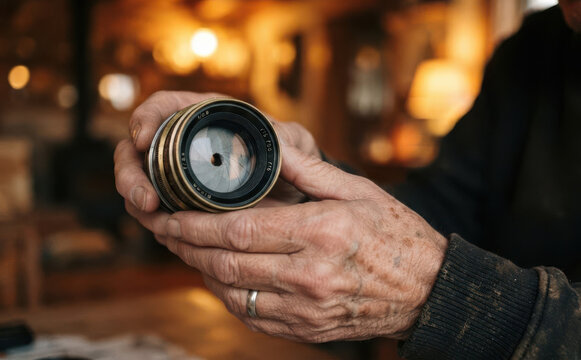 Elderly man holding old camera lens with visible aperture blades representing vintage photography craftsmanship