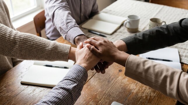 cross functional agile team concept. Four people stacking hands in a teamwork gesture over a wooden table.