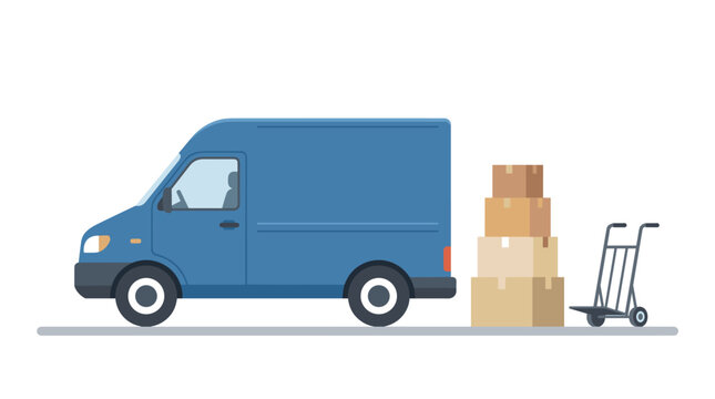 Delivery Van with Boxes and Trolley: A blue delivery van is parked next to a stack of cardboard boxes and a hand trolley, ready for package delivery.