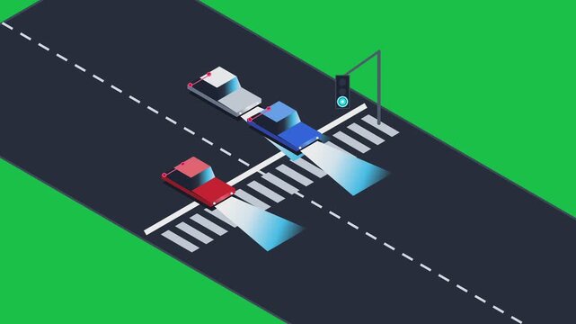 Isometric Illustration of Cars Waiting at a City Intersection Pedestrian Crossing with Traffic Signals and Headlights On