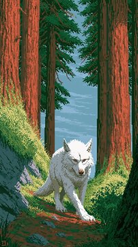 Pixel art of a white wolf walking through a dense pine forest with tall trees