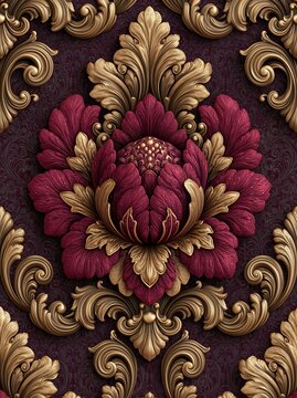 Seamless damask pattern featuring ornate gold floral motifs on a deep burgundy textured background