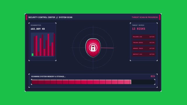 Digital Cybersecurity Interface Featuring a Central Lock Shield Icon and Real Time System Scanning Progress Bar for Network Threat Analysis