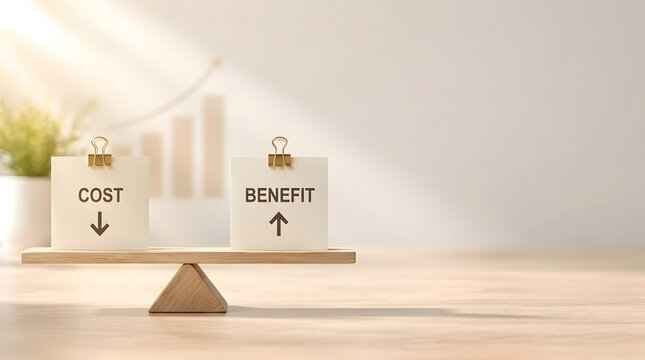 Business Cost and Benefit Analysis Concept with Paper Notes on a Wooden Seesaw Scale, Highlighting Financial Strategy, Profit Growth, and Efficient Resource Management in Corporate Finance
