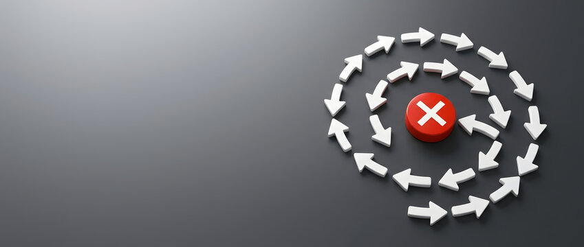 Conceptual 3D illustration of a red button with a white cross mark symbol surrounded by white arrows in a spiral pattern on a dark background representing rejection, error, or a stop signal