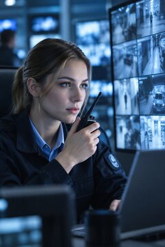 Security Operator Monitoring Advanced CCTV Surveillance System and Video Footage in a Control Room
