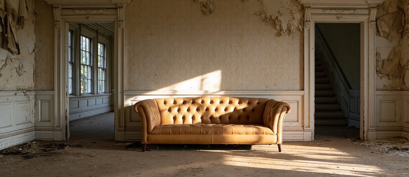 Abandoned mansion interior with a vintage tufted velvet sofa in a sunlit room featuring historic decay architecture