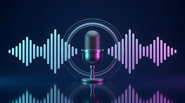 Retro microphone with glowing sound wave equalizer and concentric circles on a dark reflective surface representing audio recording broadcasting and digital sound.