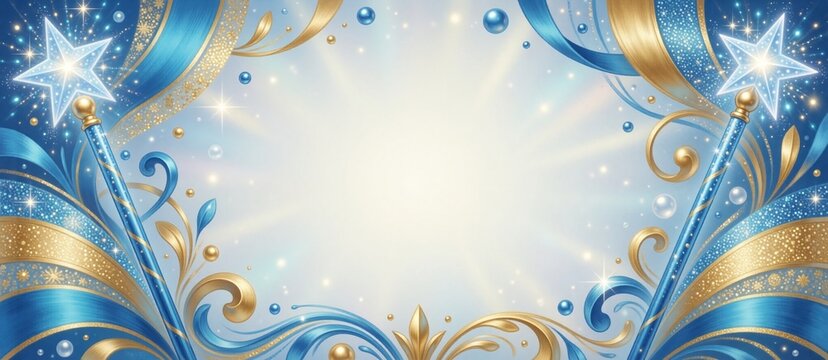 Ornate golden and turquoise magic wands frame a bright, sparkling central area. Rich blue, gold, and white decor create a festive, realistic birthday illustration.