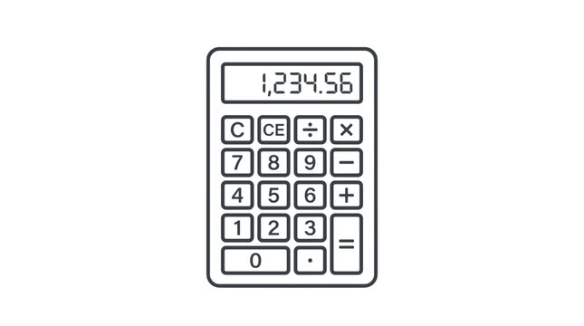 Minimalist line art illustration of a digital calculator for business accounting and financial mathematics isolated on white
