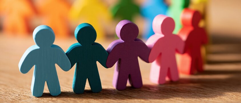 People and colorful wooden figures standing together for community diversity and team unity