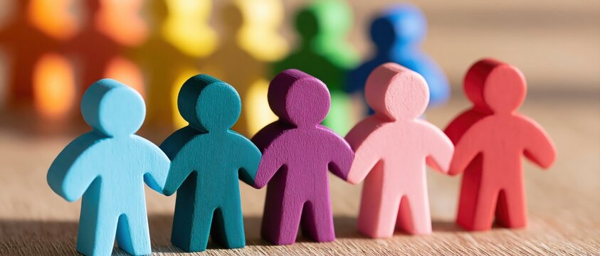 Figurine row of colorful wooden people representing community diversity and social unity connection