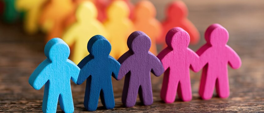 People and diversity represented by colorful wooden figures standing together for community unity