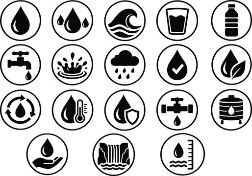 Collection of water drop icons representing different aspects of water and hydration