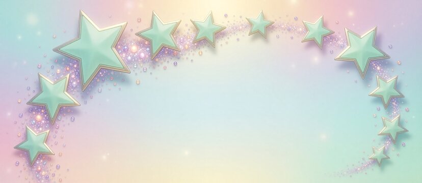 Decorative border of eight mint green stars with silver outlines, surrounded by shimmering lilac and peach glitter particles on a soft pastel gradient background.