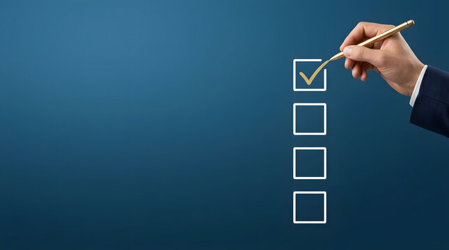 Businessman hand using a gold pen to mark a checkmark in a checkbox among a list of options, representing task completion, survey response, quality control, or decision making on a blue background.