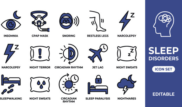 Sleep disorder vector icons set, medical insomnia symptoms symbols, CPAP mask jet lag snoring iconography for healthcare apps
