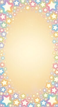Bright pastel blue, pink, and yellow star border frame with glowing, shiny stars on a soft golden background.