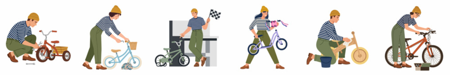 Obraz premium Illustrations of a Young Woman Repairing, Maintaining, and Cleaning Various Children's Bicycles, Tricycles, and Balance Bikes in a Set