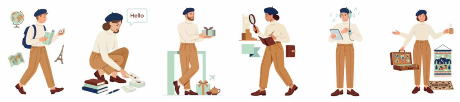 Flat vector character set of people in berets engaged in travel, research, gift-giving, and multitasking activities isolated on a white background.