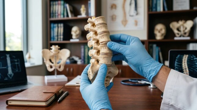 Healthcare specialist holding human spine model in clinical office.
