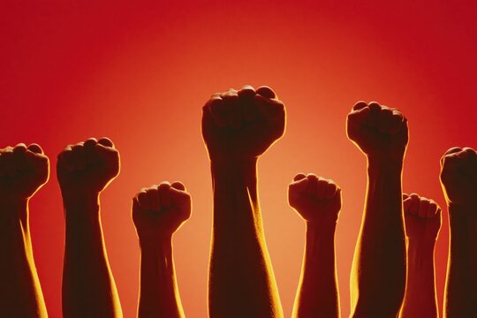 Fist and raised hands silhouette representing protest solidarity activism and unity in red orange