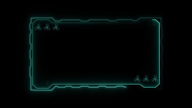 Futuristic digital frame with neon light animation glowing in dark background for overlay gaming screen interface design element with abstract geometric pattern style motion.
