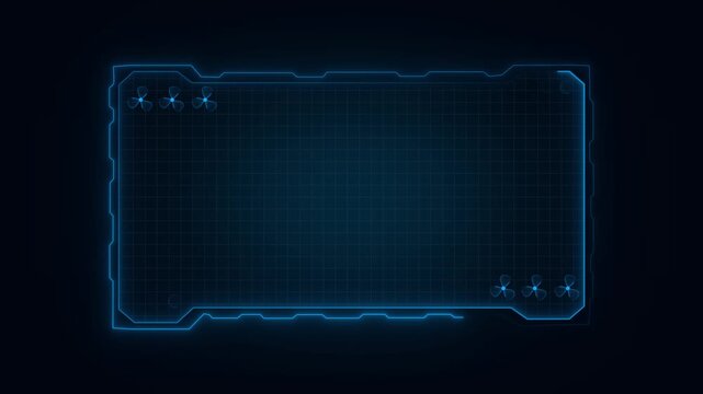 Futuristic blue neon hud interface screen with spinning fans and digital grid overlay on dark background motion graphics footage for hitech sci fi tech presentation display.