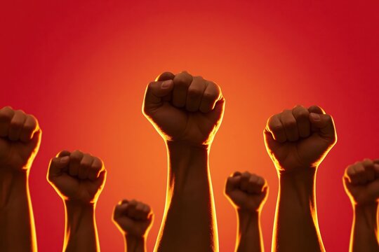 Fist and raised hands of a diverse crowd in a protest for unity and activism against red background