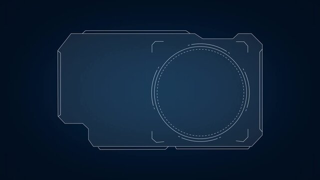 Futuristic digital frame overlay with circular radar animation on dark blue background animated HUD element for science fiction cinematic interface design and user experience.