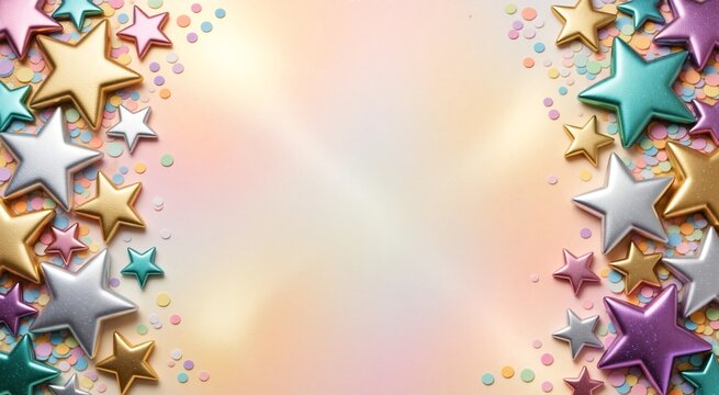 Festive border design featuring metallic stars in gold, silver, and purple, surrounded by pastel confetti on a soft pink and gold gradient background.