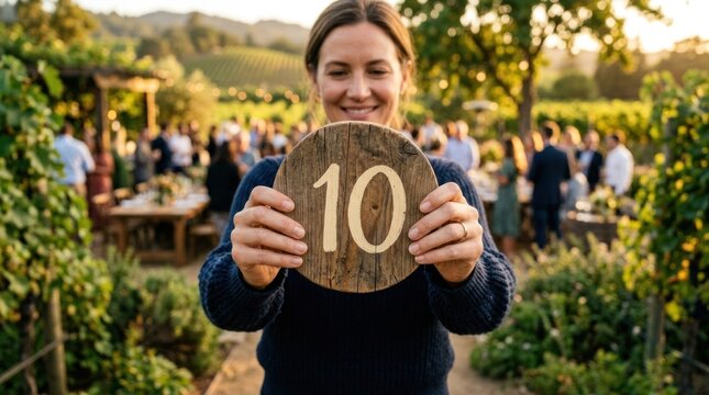 Smiling woman holding wooden number ten sign at outdoor event.