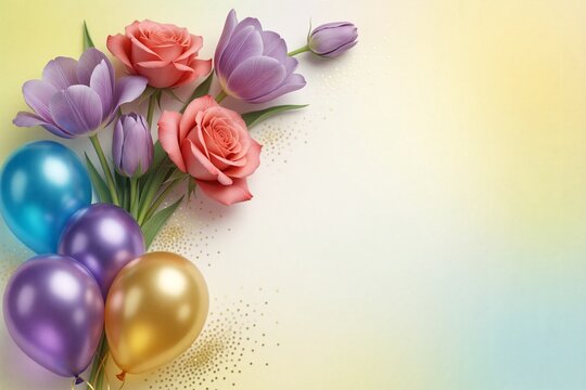Festive celebration scene featuring three glossy balloons (blue, purple, gold) and a bouquet of pink and purple tulips and roses on a light cream background.
