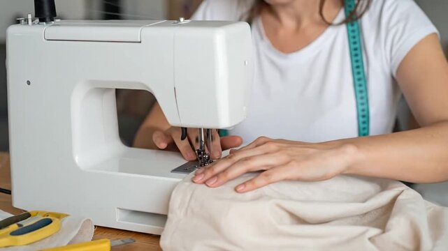 A person uses a white sewing machine to stitch fabric together