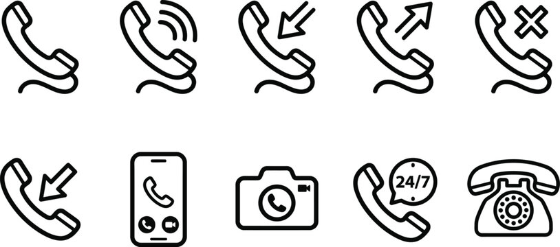 Collection of hand drawn phone call icons and communication device illustrations