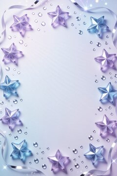Elegant border frame featuring purple and blue 3D star shapes, flowing ribbons, and sparkling clear beads against a soft gradient background.
