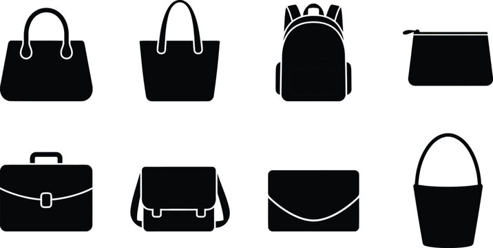 Collection of fashionable handbag silhouettes in black against a white background