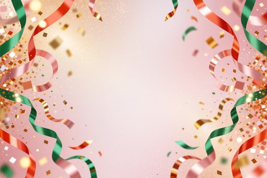Glossy festive graphic background featuring flowing ribbons in emerald, coral, and rose gold, accented by sparkling confetti and glitter on a soft pink backdrop.