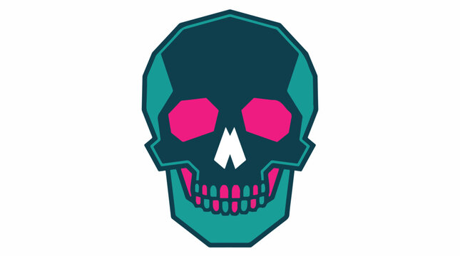 A front-facing human skull simplified into basic geometric shapes, teal and hot pink color accents on white, pop-art minimalist influence, sharp edges, clean vector lines, trace optimized,