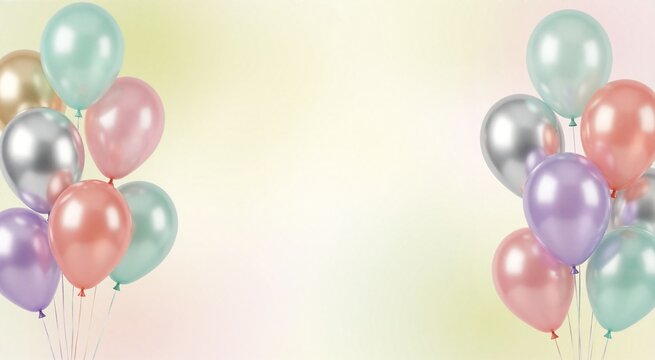 Elegant pastel balloons in mint, pink, lavender, and coral frame a bright cream background, perfect for celebration.