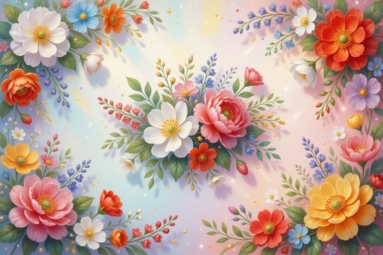 Premium realistic floral illustration with lush pink, orange, and blue blossoms, soft lighting, and sparkling details creating a joyful, luxurious atmosphere.