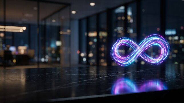 Glowing neon holographic infinity loop levitating on a black marble desk with left copy space  คีเ