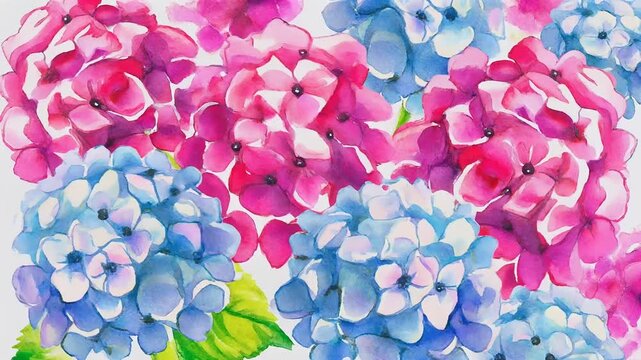 Vibrant blue and pink hydrangea flowers blooming beautifully in a delicate watercolor painting style 4K Generative AI