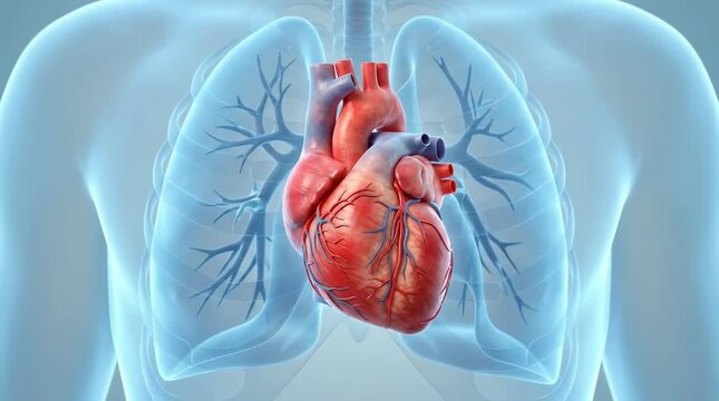 Human heart beating inside anatomical chest
